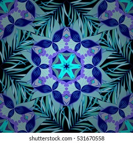 Vector background. Detailed ornament with blue and light green elements. Oriental mosaic.