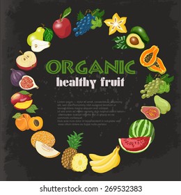 Vector background with diet and organic fruits on dark background. Vector illustration for your design