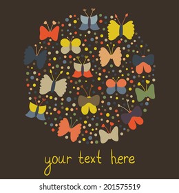 Vector background with different butterflies. Vector retro card with circle from insect and dotes. 