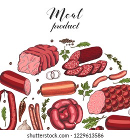 Vector background with different color meat products in sketch style. Sausages, ham, bacon, lard, salami. Vector illustration for your design