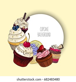 Vector background with different cupcakes and round border for text