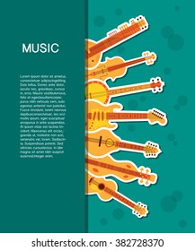 Vector background with different music instruments: guitar, sitar, mandolin, banjo, violin, dulcimer. Banner template. Place for your text.