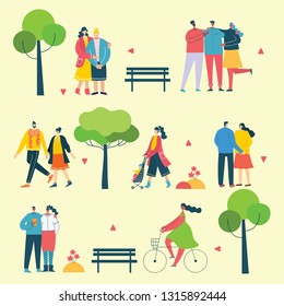 Vector background with different people, couple doing activities, walking and have a rest outdoor in the flat style
