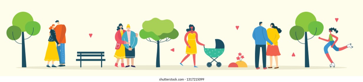 Vector background with different people, couple doing activities, walking and have a rest outdoor in the flat style
