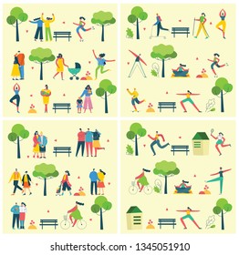 Vector background with different people, couple doing activities, walking and have a rest outdoor in the flat style 