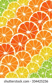 Vector background with different slice citruses: grapefruit, lemon, lime, orange.