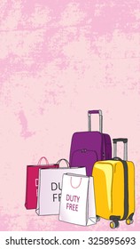 Vector background with different suitcases and shopping bags with the words "Duty Free"