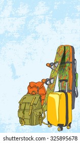 Vector background with different travel bags, yellow suitcase and snowboard