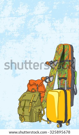 Vector background with different travel bags, yellow suitcase and snowboard