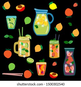 Vector background with different types of lemonade I repeat a flat jar, a dispenser for drinks, a bottle and a jug of soft drinks. Background with infused water in a cartoon glass and lemon