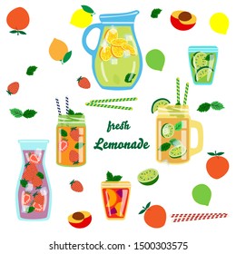 Vector background with different types of lemonade I repeat a flat jar, a dispenser for drinks, a bottle and a jug of soft drinks. Background with infused water in a cartoon glass and lemon
