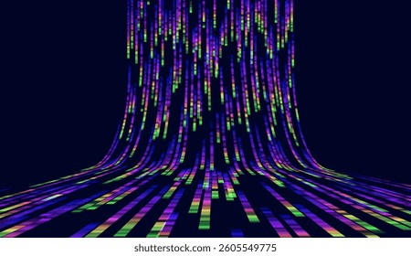 Vector background with digital data flow and big data technology lines. High-speed 5G wireless transmission and light trails. Information streams in virtual reality cyberspace.
