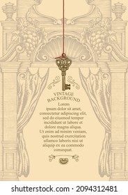 Antecedentes vectores de un diploma o certificado de estilo vintage. Marco dibujado a mano con una fachada ornamental antigua, uvas, conchas, cortinas, bonita llave que cuelga de la cuerda y lugar para el texto