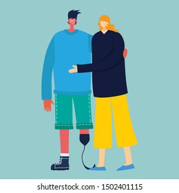 Vector background with disabled man with friend. World Disability Day. Flat cartoon characters.