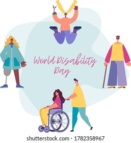 Vector background with disabled people. World Disability Day. Flat cartoon characters.