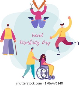 Fondo vectorial con personas discapacitadas. Día Mundial de la Discapacidad. Personajes de dibujos animados planos.