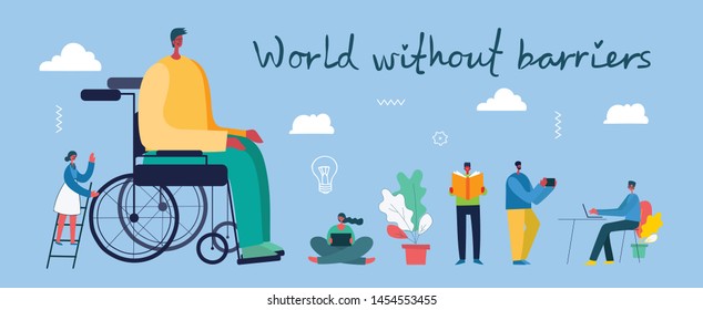 Vector background with disabled people, young invalid persons and men and women  helping. World without barriers. Flat cartoon characters.