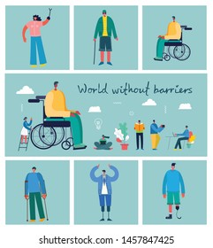 Vector background with disabled people, young invalid persons and men and women helping. World without barriers. Flat cartoon characters.