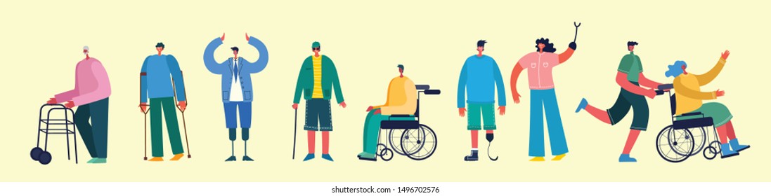 Vector background with disabled people, young handycap persons and men and women helping. World without barriers. Flat cartoon characters.