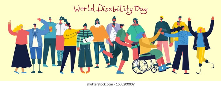 Vector background with disabled people, young handycap persons and friends near helping. World Disability Day. Flat cartoon characters.