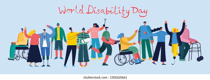 Vector background with disabled people, young handycap persons and friends near helping. World Disability Day. Flat cartoon characters.