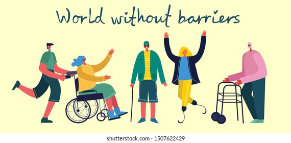 Vector background with disabled people, young invalid persons and men and women helping. World without barriers. Flat cartoon characters.