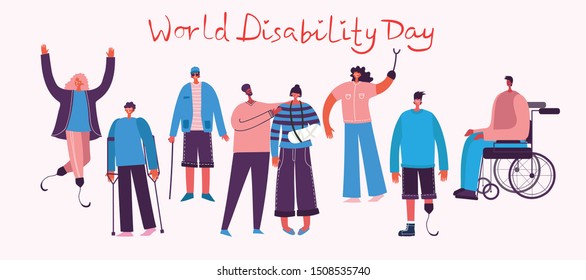 Vector background with disabled people, young handycap persons and friends near helping. World Disability Day. Flat cartoon characters.