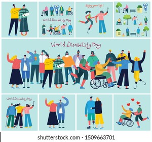 Vector background with disabled people, young handycap persons and friends near helping. World Disability Day. Flat cartoon characters.