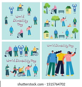 Vector background with disabled people, young disabled persons and friends near helping. World Disability Day. Flat cartoon characters.