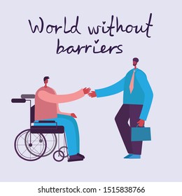 Vector background with disabled people, young invalid persons and men and women helping. World without barriers. Flat cartoon characters.