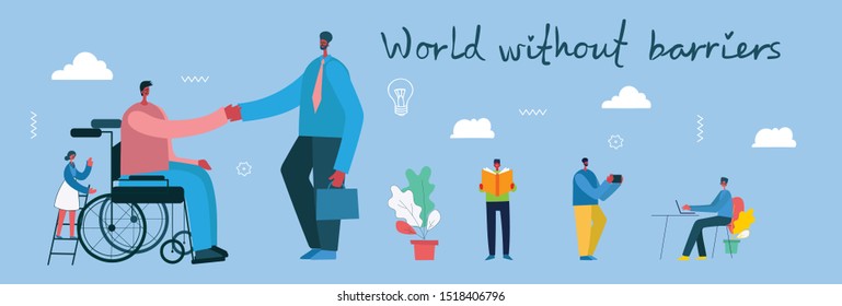 Vector background with disabled people, young invalid persons and men offer Job. Man with Disabilities sitting in wheelchair taking hiring contract from employer. 