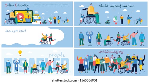 Vector background with disabled people, young handycap persons and friends near helping. World Disability Day. Flat cartoon characters.