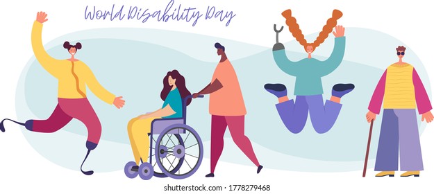 Antecedentes de vectores con personas discapacitadas, jóvenes calificadores y amigos cerca de ayudar. Día Mundial de la Discapacidad. Personajes de dibujos animados planos.