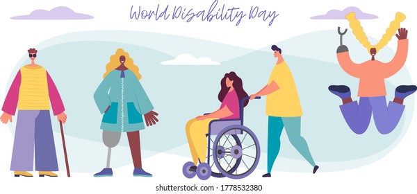 Vector background with disabled people, young handicap persons and friends near helping. World Disability Day. Flat cartoon characters.