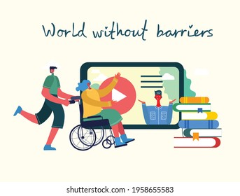 Vector background with disabled people, young persons and friends near helping. World Disability Day. World without barriers