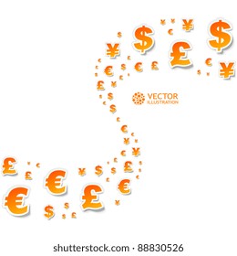 Vector background with dollar, euro, yen and pound signs.