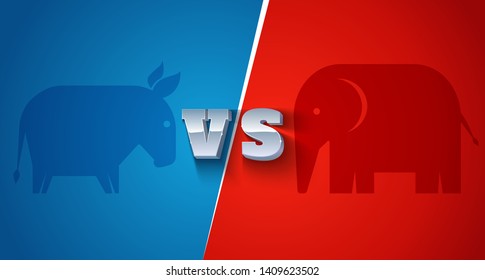 Vector background with donkey and elephant. Republican and democrat political parties USA. American political parties.