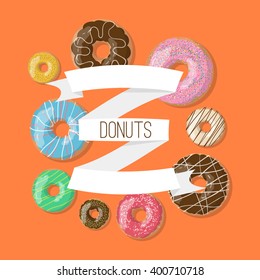 Vector background with donuts illustration and ribbons on the orange background. Doughnut banner in cartoon style for donuts menu in cafe and shop.