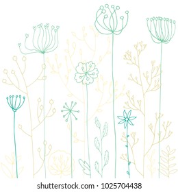 Vector background with doodle abstract herbs and flowers, floral template