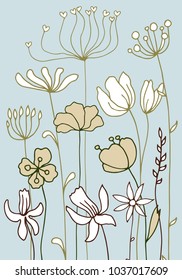 Vector background with doodle abstract herbs and flowers, floral template