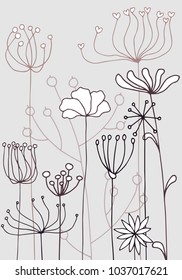 Vector background with doodle abstract herbs and flowers, floral template