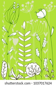 Vector background with doodle abstract herbs and flowers, floral template