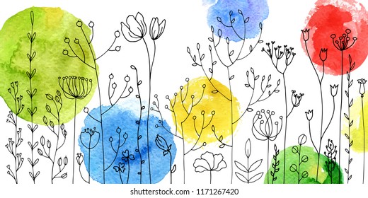 Fundo de vetor com doodle ervas abstratas e flores e manchas de tinta aquarela, modelo floral