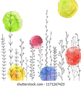 Vector background with doodle abstract herbs and flowers and watercolor paint stains, floral template