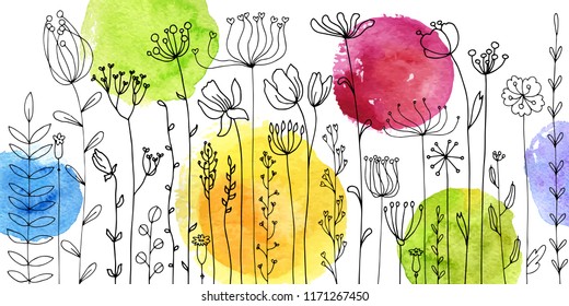 Vector background with doodle abstract herbs and flowers and watercolor paint stains, floral template