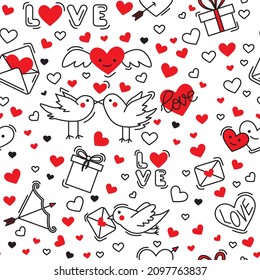 Vector background in doodle style for Valentine's Day. Wallpaper for wrapping gifts for Valentine's Day.