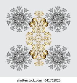 Vector background with doodles and golden elements. Winter background with snowflakes.
