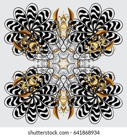 Vector background with doodles and golden elements. Winter background with snowflakes.