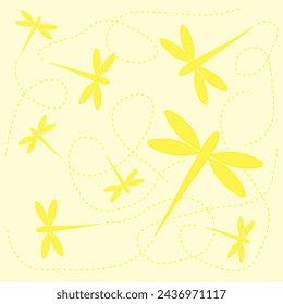 Vector background with a dragonfly pattern from the top view in golden color. The flight trajectory is indicated by a dashed line. Dragonfly, golden color, top view, insect, wings.
