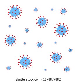 Vector background drawing, pattern with the image of a coronavirus in cartoon flat style on a white isolated background. Seamless vector pattern, 
background.